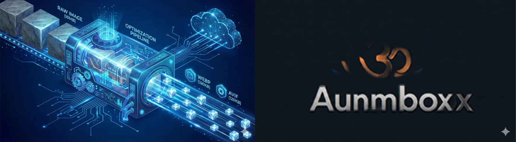 Un montage montrant à gauche le logo coloré Aumbox et à droite le résultat buggé, une image presque totalement noire où l'on devine à peine le logo.