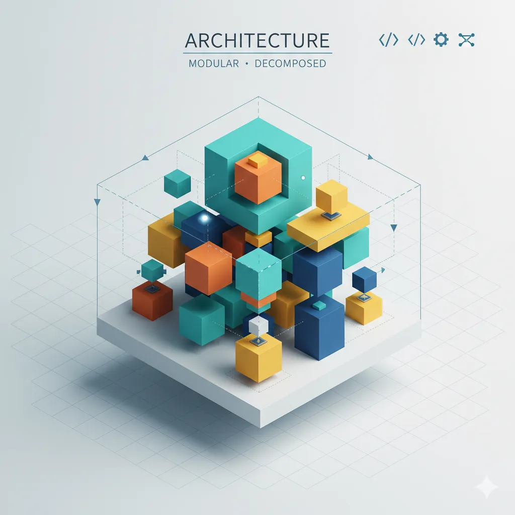 Illustration montrant des blocs cubiques colorés s'emboîtant de manière modulaire, symbolisant une architecture logicielle propre et décomposée. Image générée par IA.
