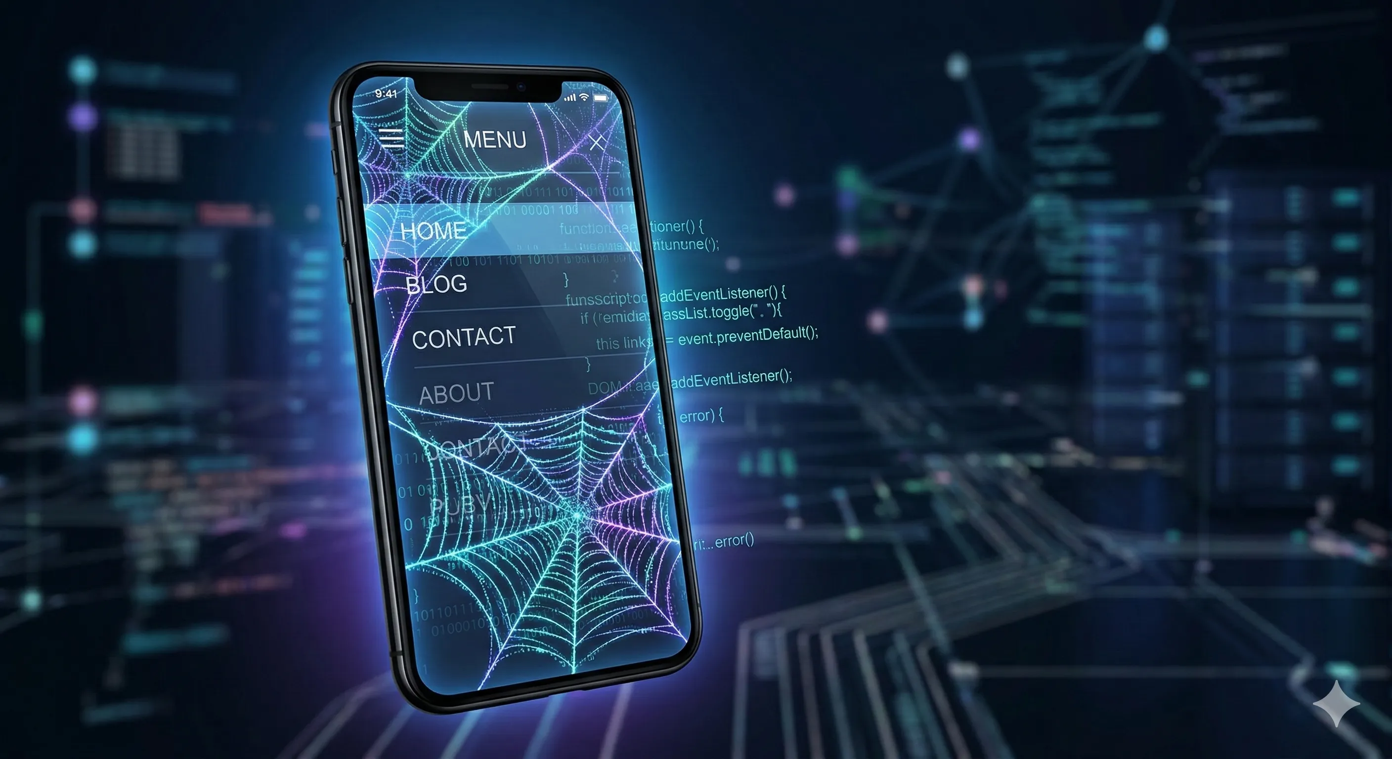 Un smartphone affichant un menu de navigation emmêlé dans des toiles d'araignées numériques, symbolisant un script bloqué. Image générée par IA.