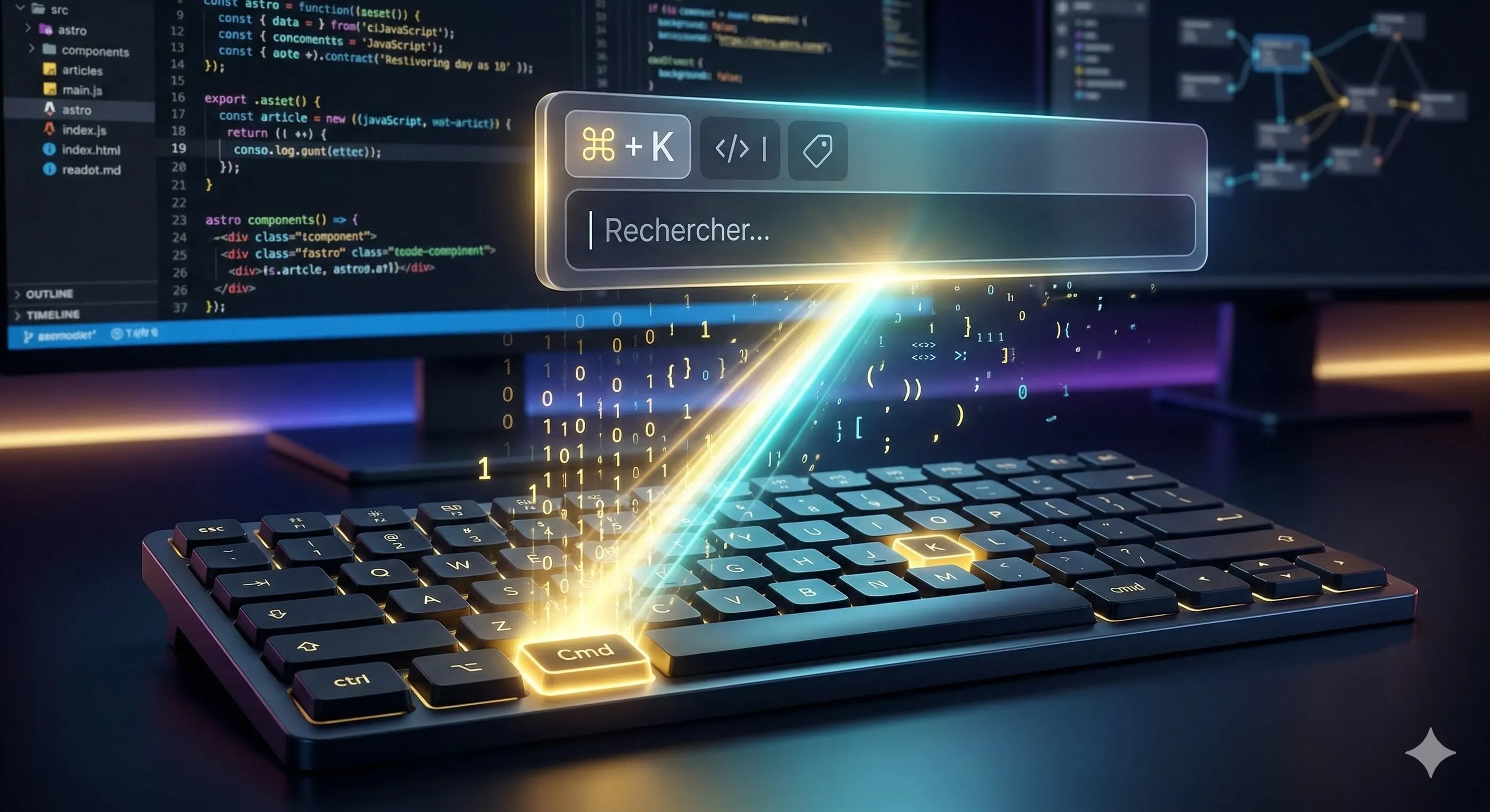 Un clavier d'ordinateur lumineux avec les touches Cmd et K en surbrillance, générant un rayon de lumière vers une barre de recherche. Image générée par IA.