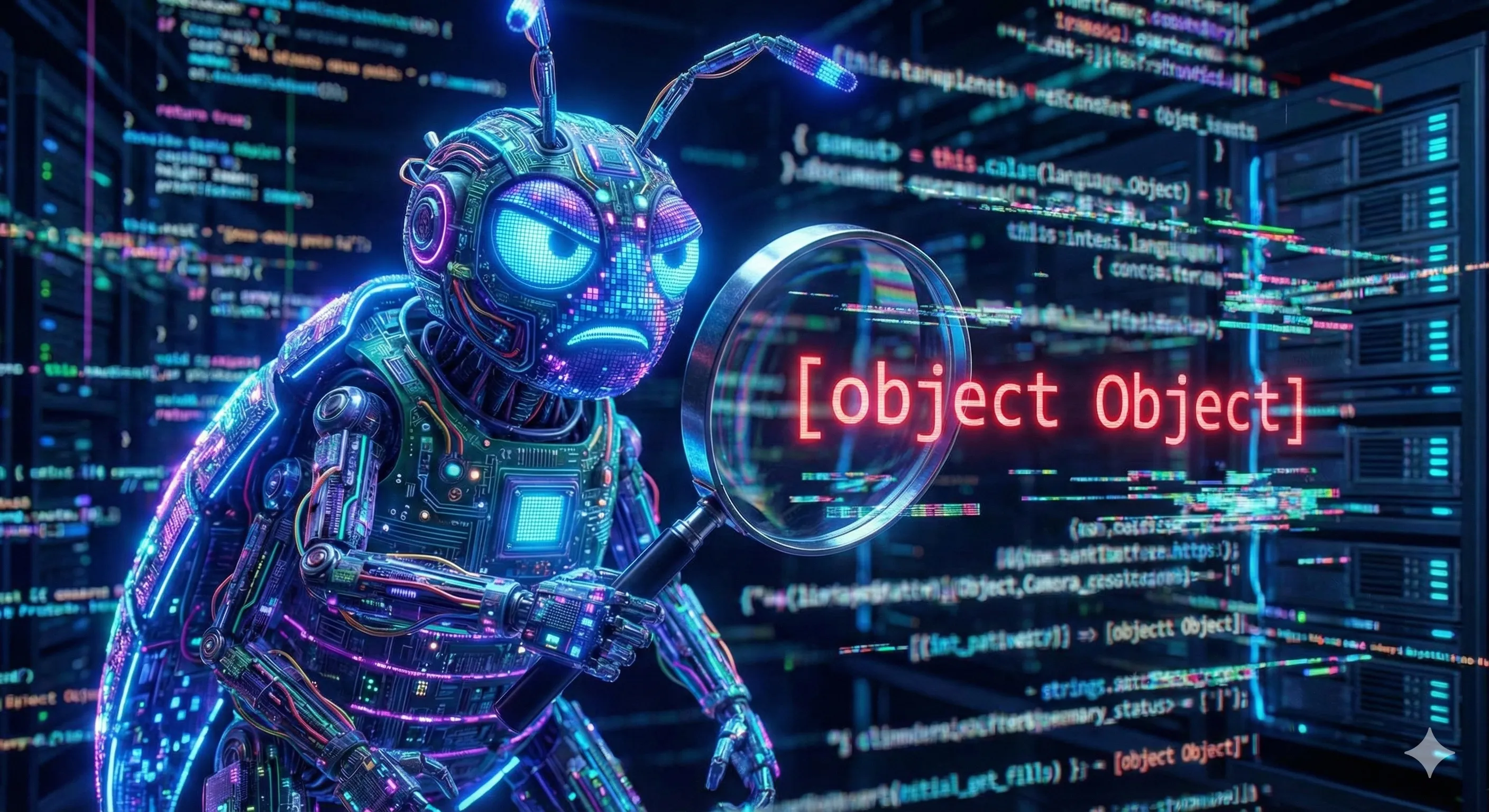 Un insecte (bug) numérique essayant de lire un code source flou avec la mention object Object. Image générée par IA.