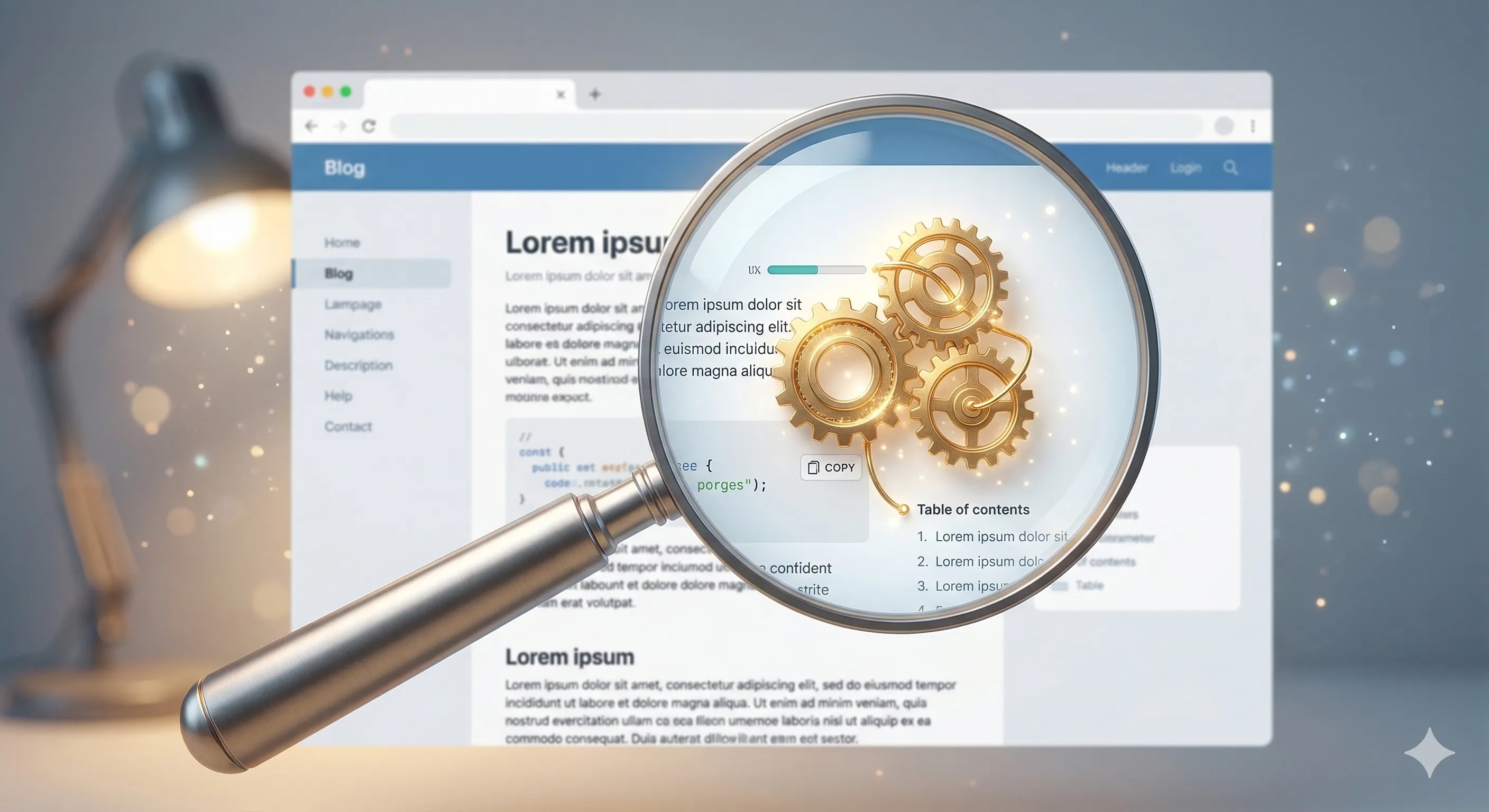 Une loupe géante mettant en évidence trois petits rouages dorés sur une interface web, symbolisant les détails de l'UX. Image générée par IA.