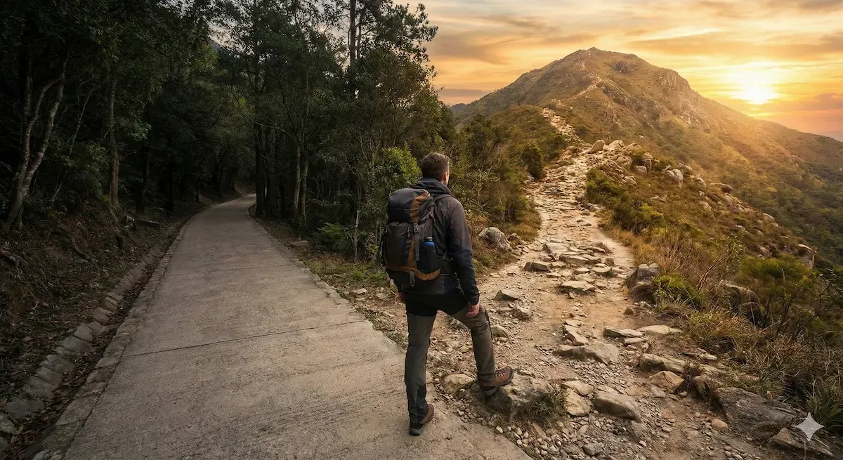 Un randonneur avec un sac à dos regarde un croisement : une route plate et goudronnée à gauche, et un sentier escarpé menant vers une montagne lumineuse au lever du soleil à droite.