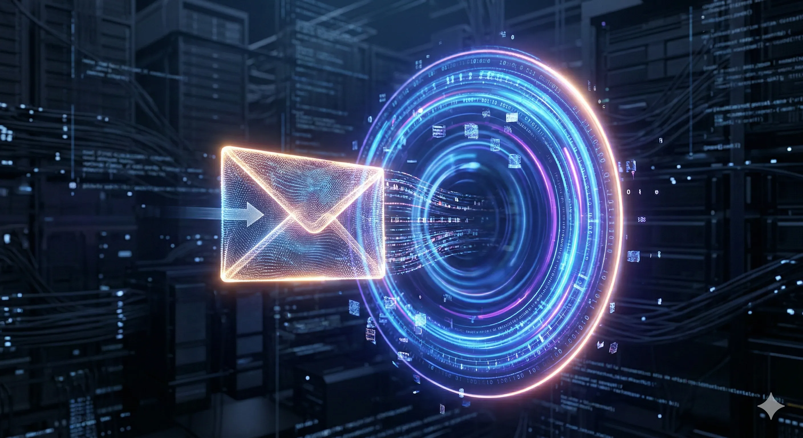 Une enveloppe lumineuse traversant un portail numérique, symbolisant l'envoi de données en arrière-plan sans rechargement. Image générée par IA.