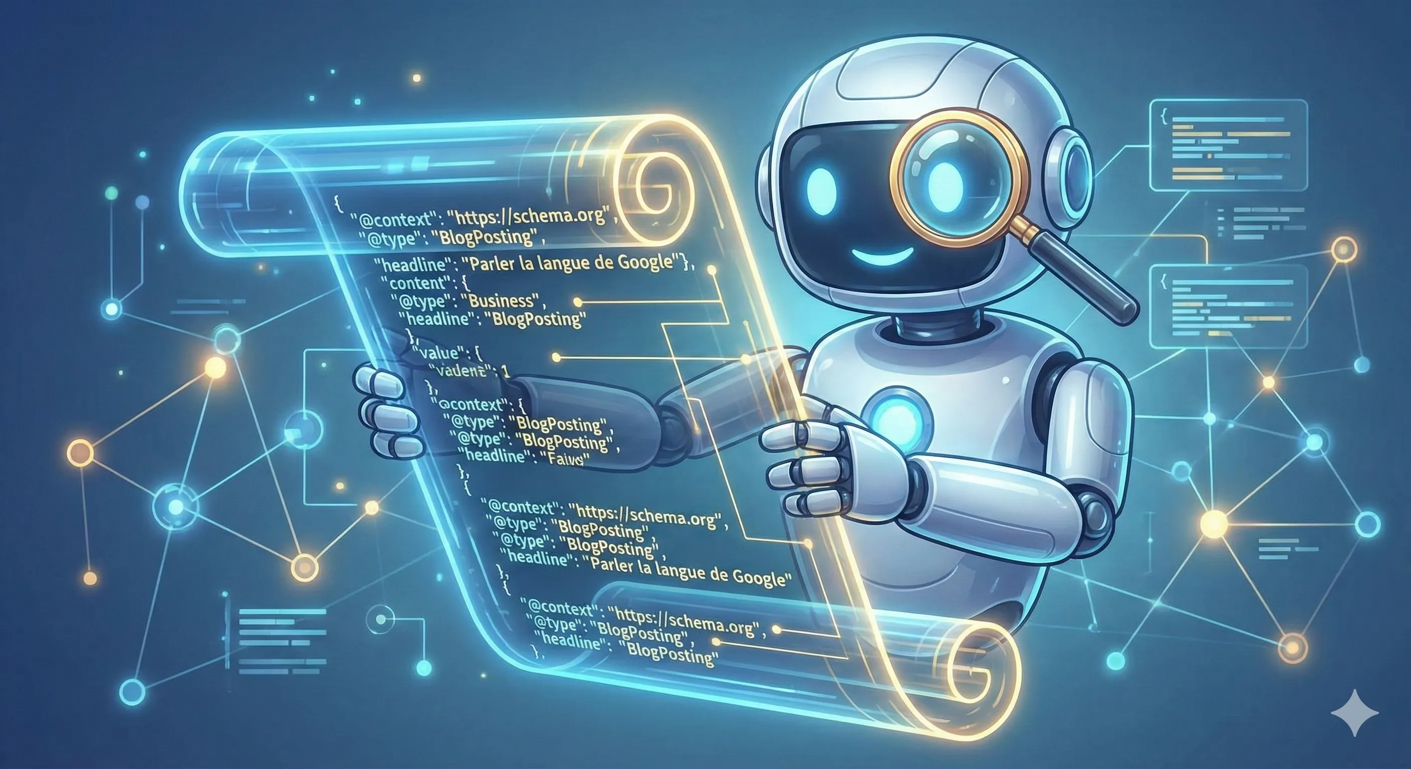 Un robot de moteur de recherche lisant un parchemin numérique contenant du code JSON structuré. Image générée par IA.