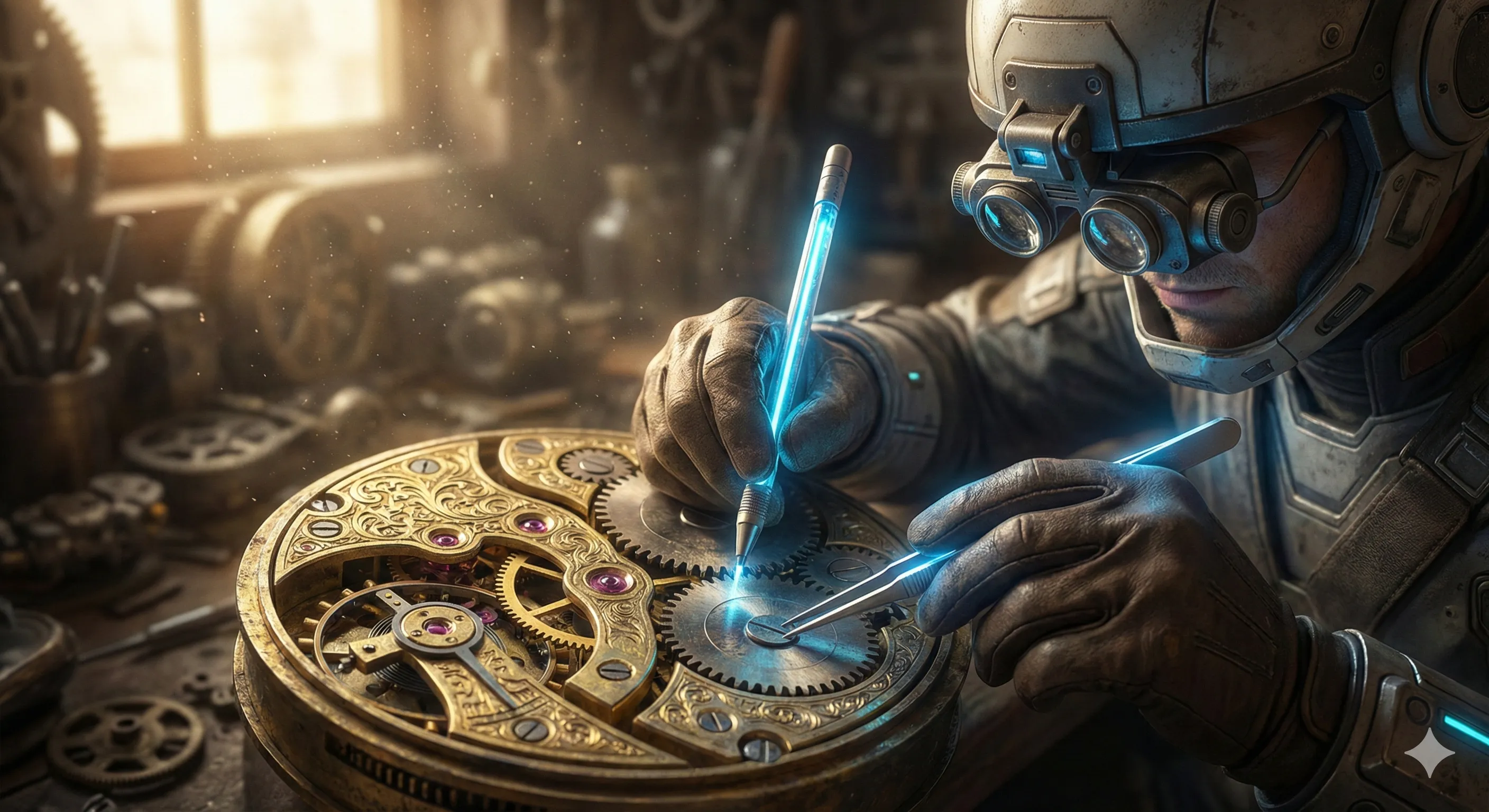 Un horloger futuriste réparant avec précision un mécanisme ancien et complexe composé d'engrenages dorés et poussiéreux.