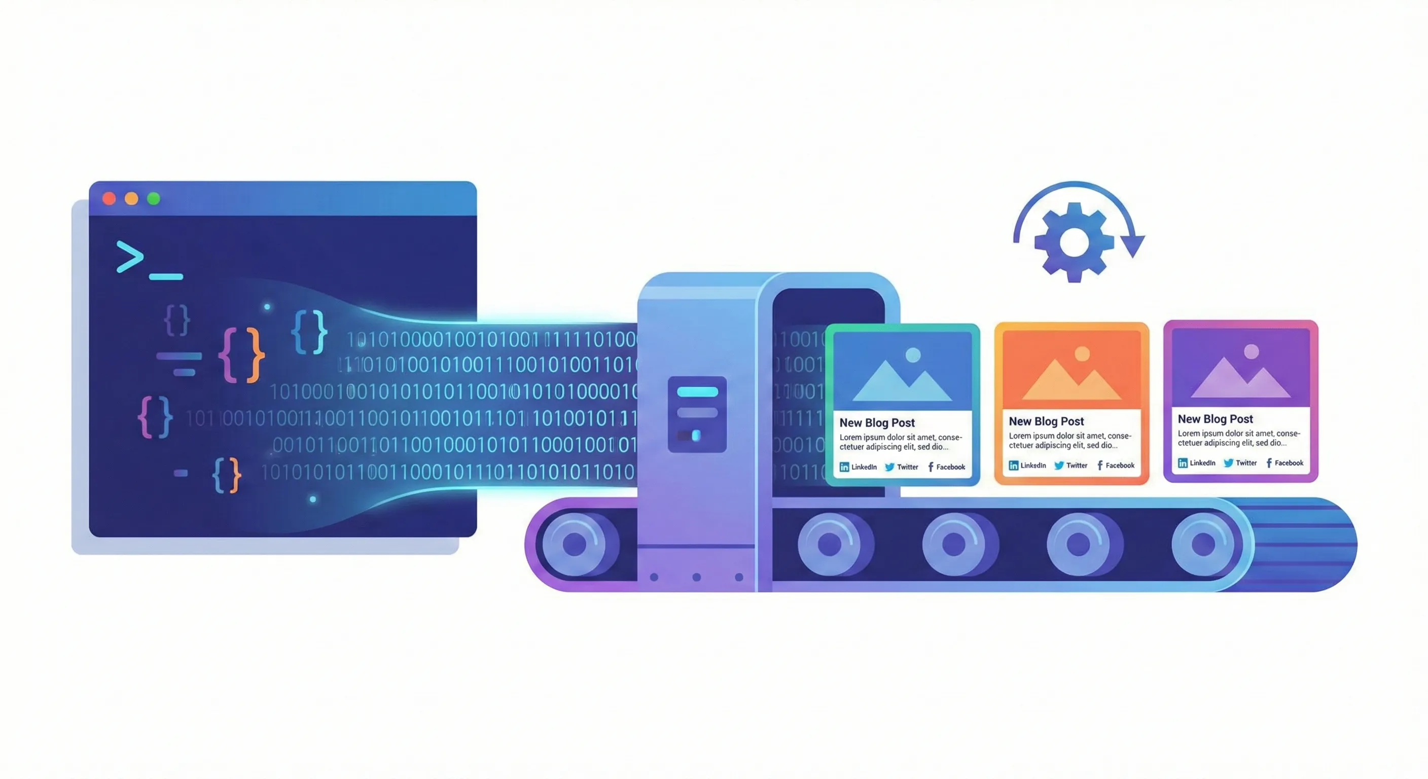 Illustration montrant du code se transformant automatiquement en cartes de prévisualisation pour les réseaux sociaux. Image générée par IA.