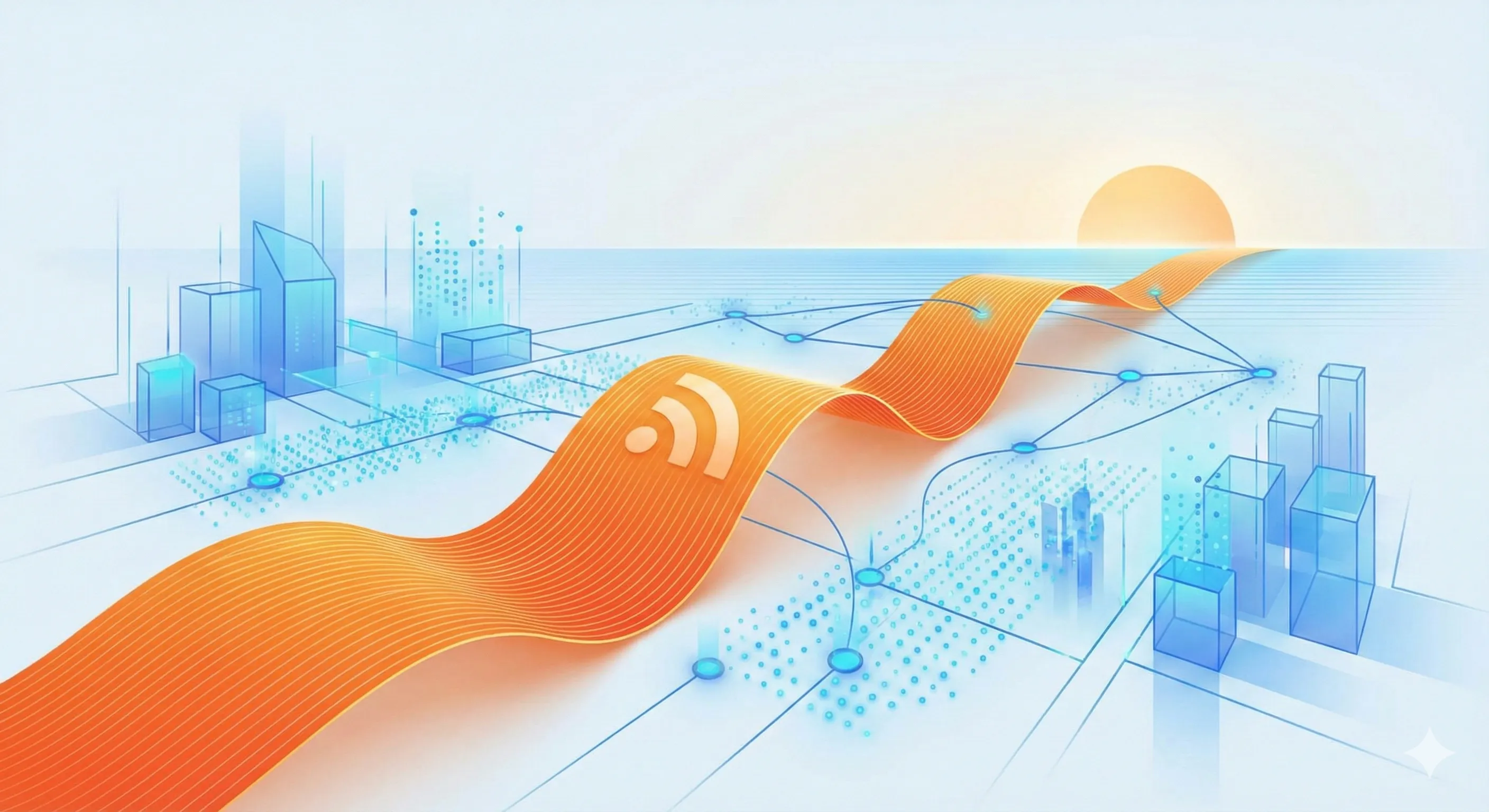 Illustration d'un flux d'ondes orange vif symbolisant le protocole RSS, traversant un paysage numérique épuré. Image générée par IA.
